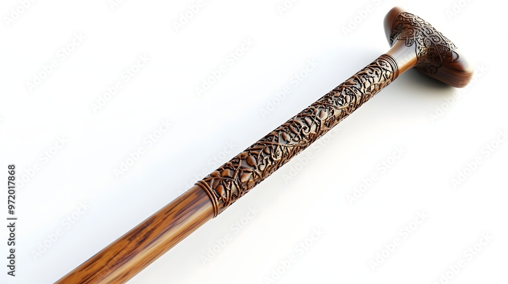 50. A detailed 3D render of a traditional wooden walking stick with intricate carvings, isolated on a pristine white background 50. A detailed 3D render of a traditional wooden walking stick with intricate carvings, isolated on a pristine white background