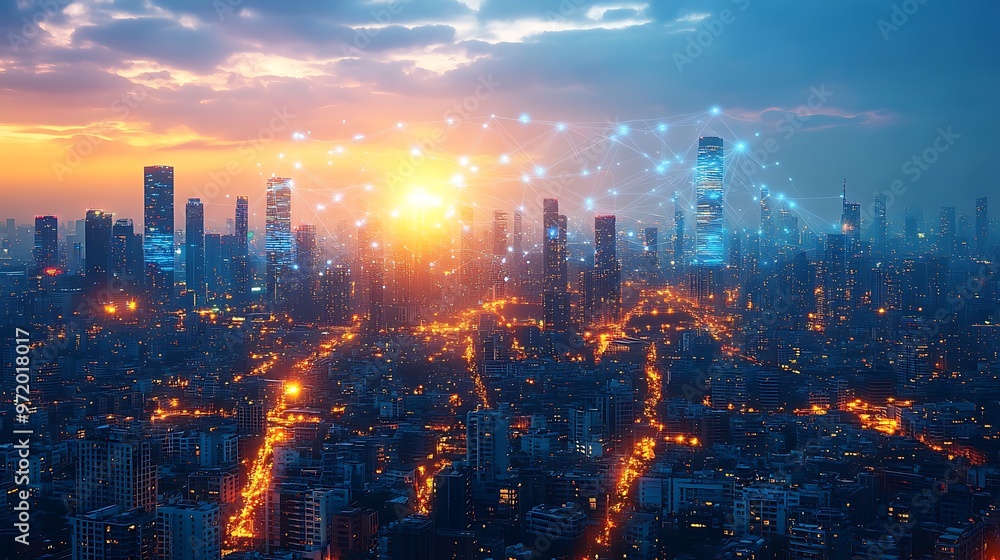 Fototapeta premium A smart city glowing with interconnected digital energy, where communication lines link towering skyscrapers and smart infrastructure.