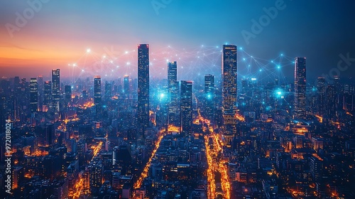 A smart city glowing with interconnected digital energy, where communication lines link towering skyscrapers and smart infrastructure.