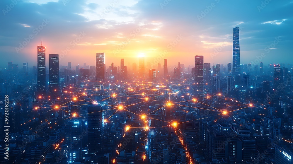 Fototapeta premium A sprawling cityscape glowing with digital energy, where illuminated data networks connect smart infrastructure and towering skyscrapers.