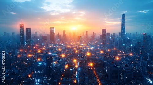 Wallpaper Mural A sprawling cityscape glowing with digital energy, where illuminated data networks connect smart infrastructure and towering skyscrapers. Torontodigital.ca