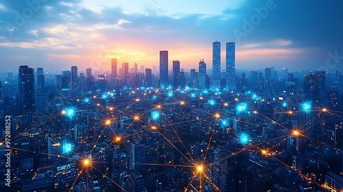 Wallpaper Mural A sprawling cityscape glowing with digital energy, where illuminated data networks connect smart infrastructure and towering skyscrapers. Torontodigital.ca