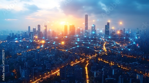 Wallpaper Mural A sprawling cityscape with digital communication lines visibly connecting every building, bridge, and road, glowing in vibrant neon hues. The futuristic city pulses with technological energy, Torontodigital.ca