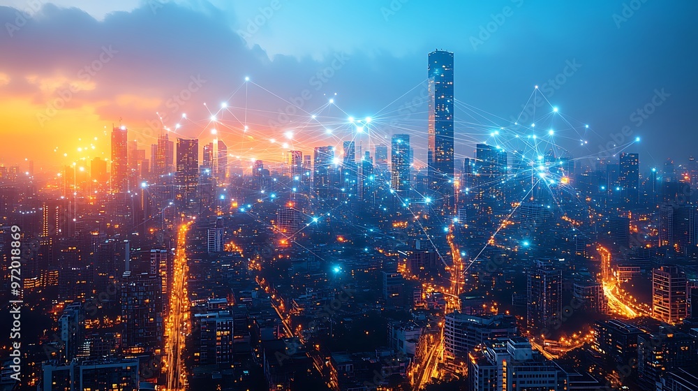 Fototapeta premium A sprawling global city network with glowing fiber optic cables linking tall skyscrapers, advanced transportation systems, and far-reaching global regions.