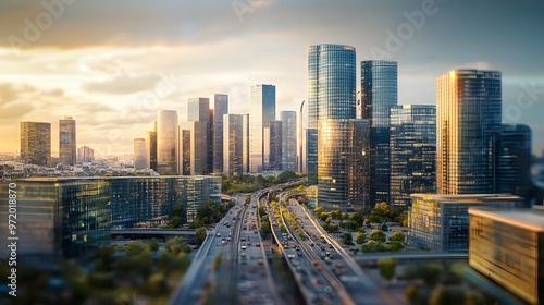 Modern Skyscrapers and Highway at Sunset in a City photo