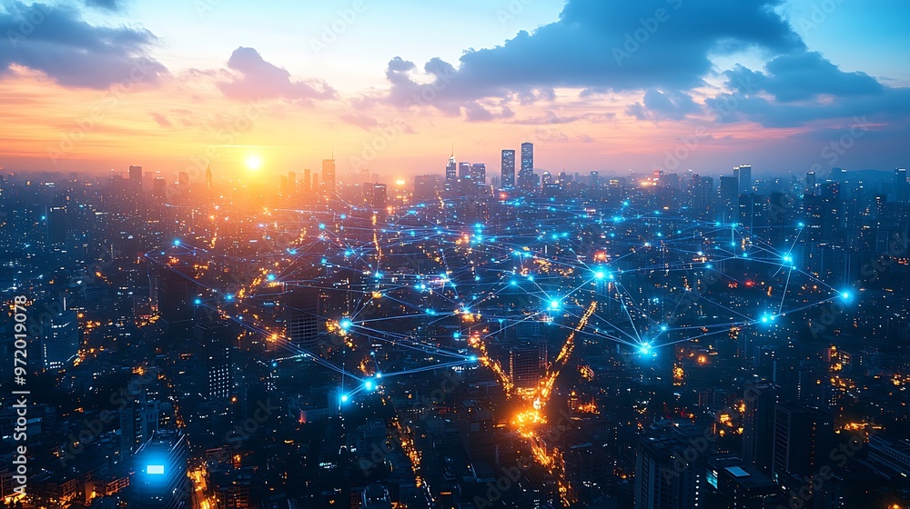 Fototapeta premium A sprawling metropolis at dusk, where neon-lit data streams link mobile devices, homes, and businesses. The vibrant lines of digital communication create a web of energy over the urban landscape,