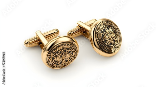 54. A lifelike 3D render of a classic gold cufflink with detailed engravings, isolated on a pristine white background