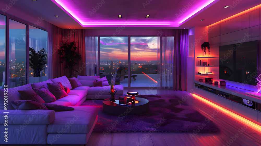 Modern spacious living room with lots of neon lights and LED strips Modern spacious living room with lots of neon lights and LED strips