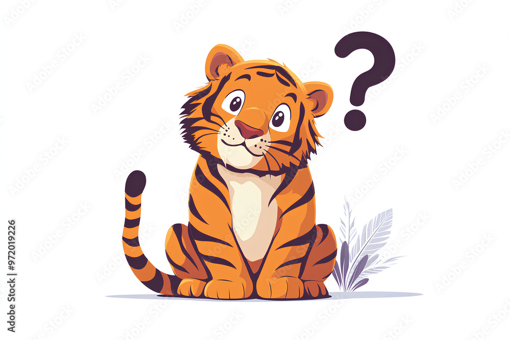 A cartoon tiger with a curious expression, sitting and looking questioningly.