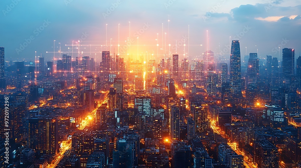 Obraz premium A sprawling modern city glowing with pulsing neon lines representing the flow of data, communication, and electricity. The cityscape is illuminated by digital energy,