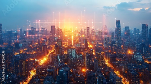 A sprawling modern city glowing with pulsing neon lines representing the flow of data, communication, and electricity. The cityscape is illuminated by digital energy,