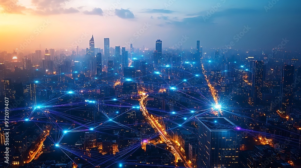 Fototapeta premium A sprawling modern city seen from above, with glowing blue and purple digital lines representing data networks weaving between every building and street.