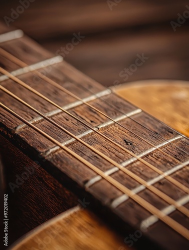 Close-up of a wooden guitar neck showcasing intricate details of the frets and strings, perfect for music and craftsmanship themes.