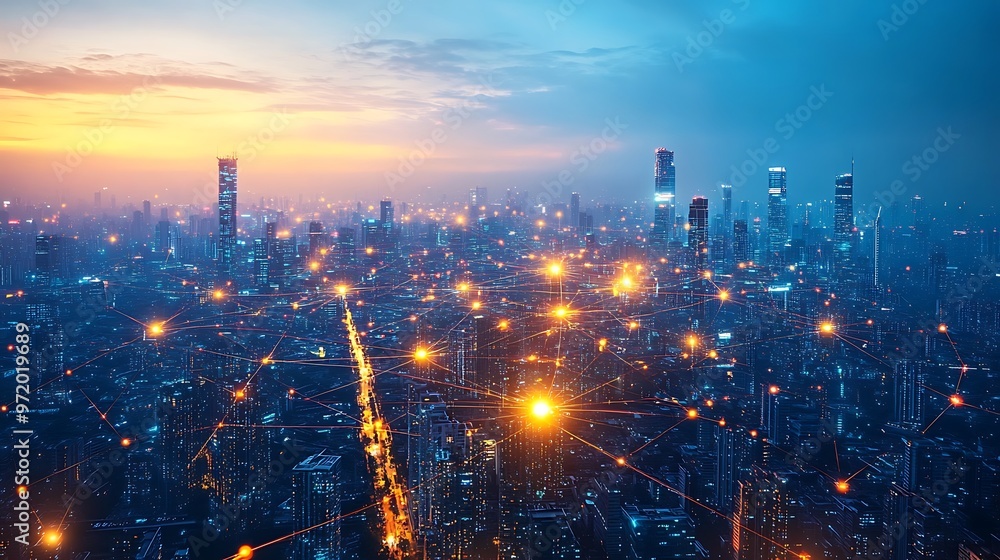 Fototapeta premium A sprawling smart city seen from above, where glowing digital communication lines crisscross the landscape, connecting advanced transportation systems, skyscrapers, and residential zones.