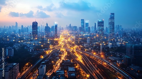 Wallpaper Mural A sprawling smart city seen from above, with glowing communication networks connecting roads, high-speed trains, and skyscrapers. The city is alive with digital energy, Torontodigital.ca