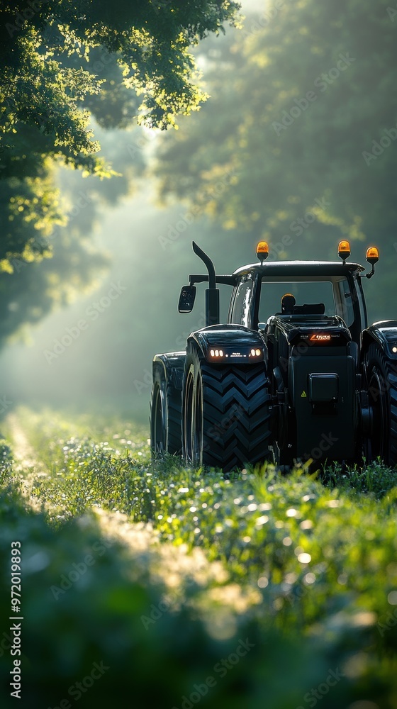 Tractor moving through a lush green field with trees on either side, capturing the essence of agricultural work in a serene, sunny setting. Tractor moving through a lush green field with trees on either side, capturing the essence of agricultural work in a serene, sunny setting.
