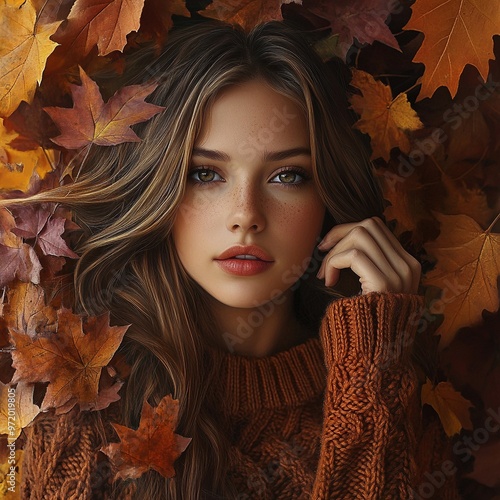 Retrato de mujer joven entre hojas de otoño con suéter tejido color marrón photo