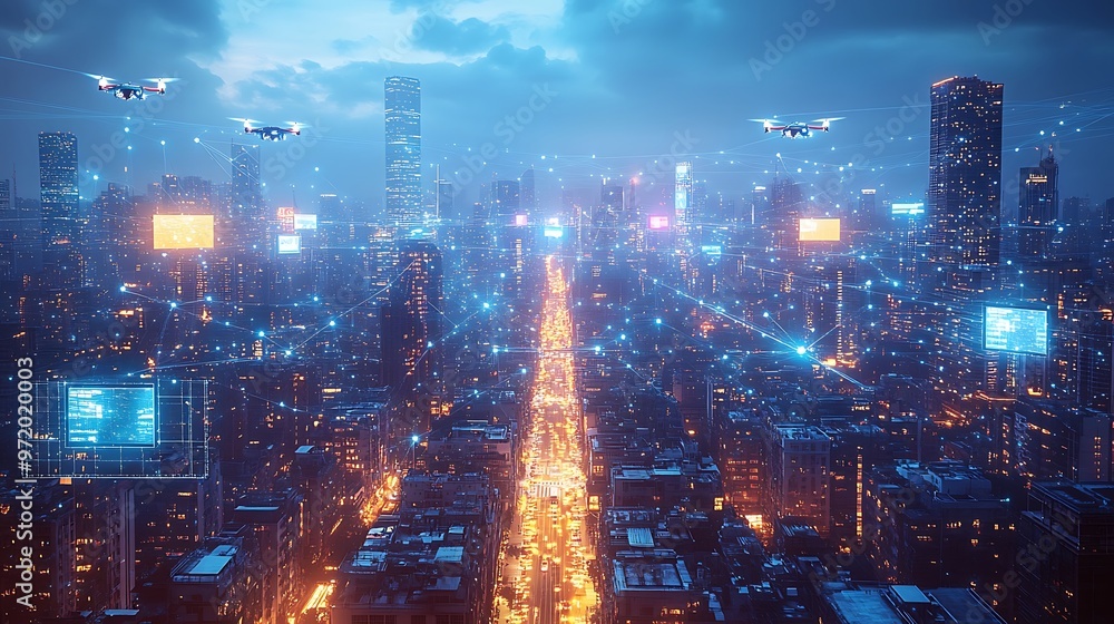 A tech-driven futuristic city glowing with digital energy, where floating drones and holographic billboards light up the streets. Glowing data networks connect every building, A tech-driven futuristic city glowing with digital energy, where floating drones and holographic billboards light up the streets. Glowing data networks connect every building,
