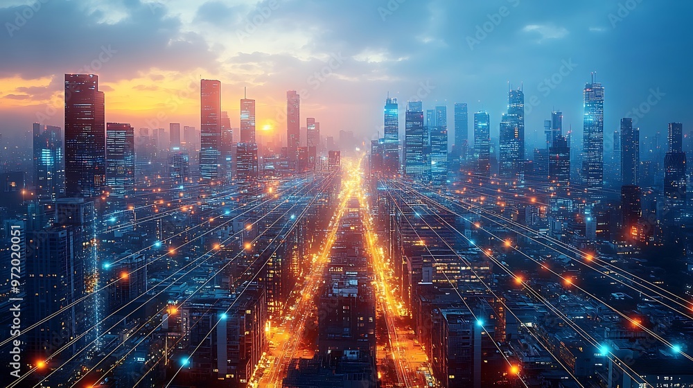 Obraz premium A tech-driven metropolis at dusk, with glowing lines representing the pulse of data and electricity connecting every building and road. The city hums with digital energy,