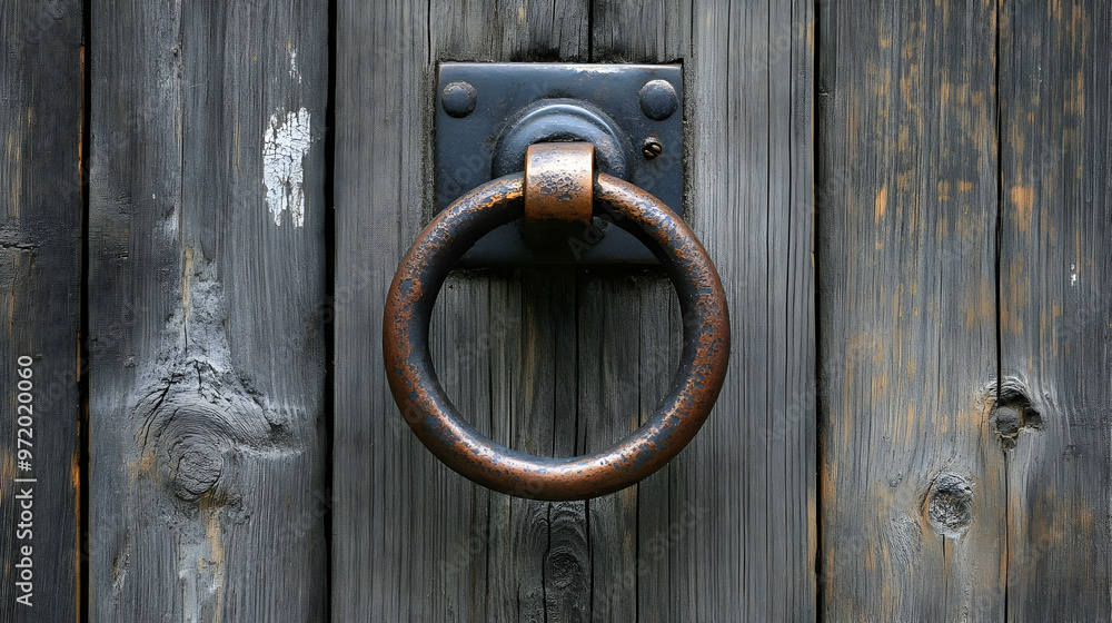 Old Rusty Door Ring on Weathered Wooden Door Old Rusty Door Ring on Weathered Wooden Door