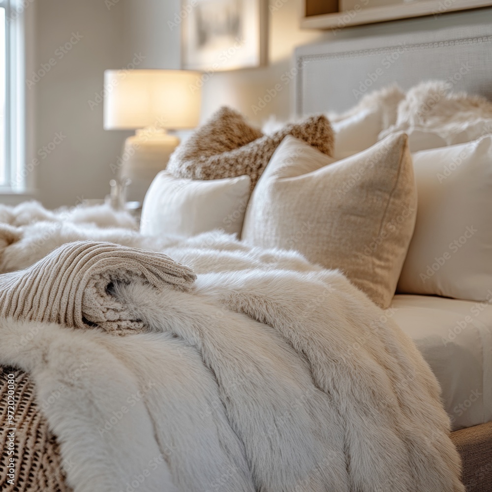 Cozy Bed with Fluffy Faux Fur Blanket and Pillows Cozy Bed with Fluffy Faux Fur Blanket and Pillows
