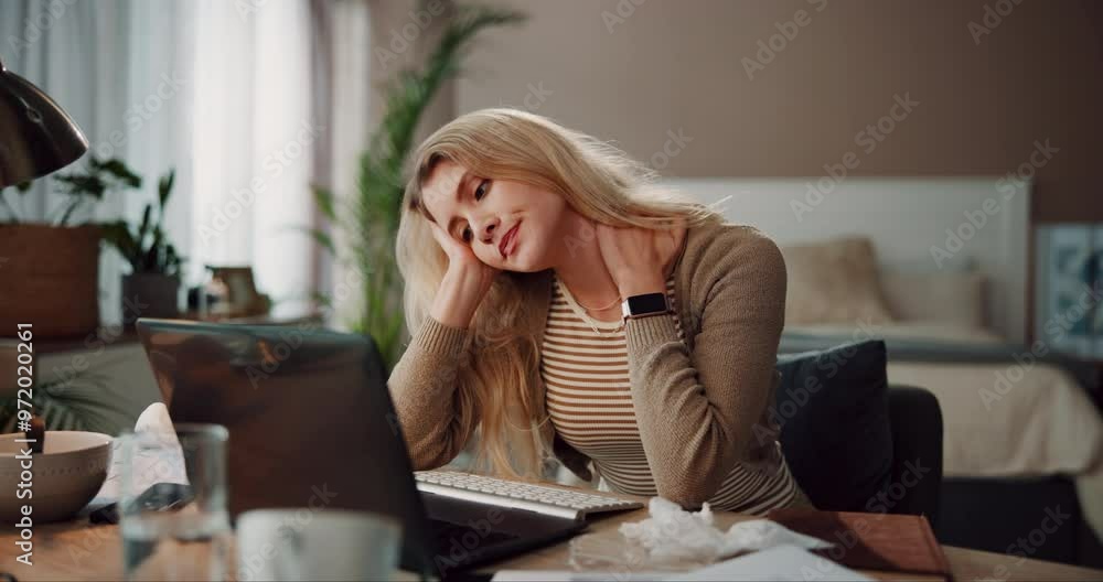 Laptop, neck pain and stress with remote work woman in home office at night for project deadline. Computer, fail and mistake with unhappy freelance employee in apartment for small business startup Laptop, neck pain and stress with remote work woman in home office at night for project deadline. Computer, fail and mistake with unhappy freelance employee in apartment for small business startup