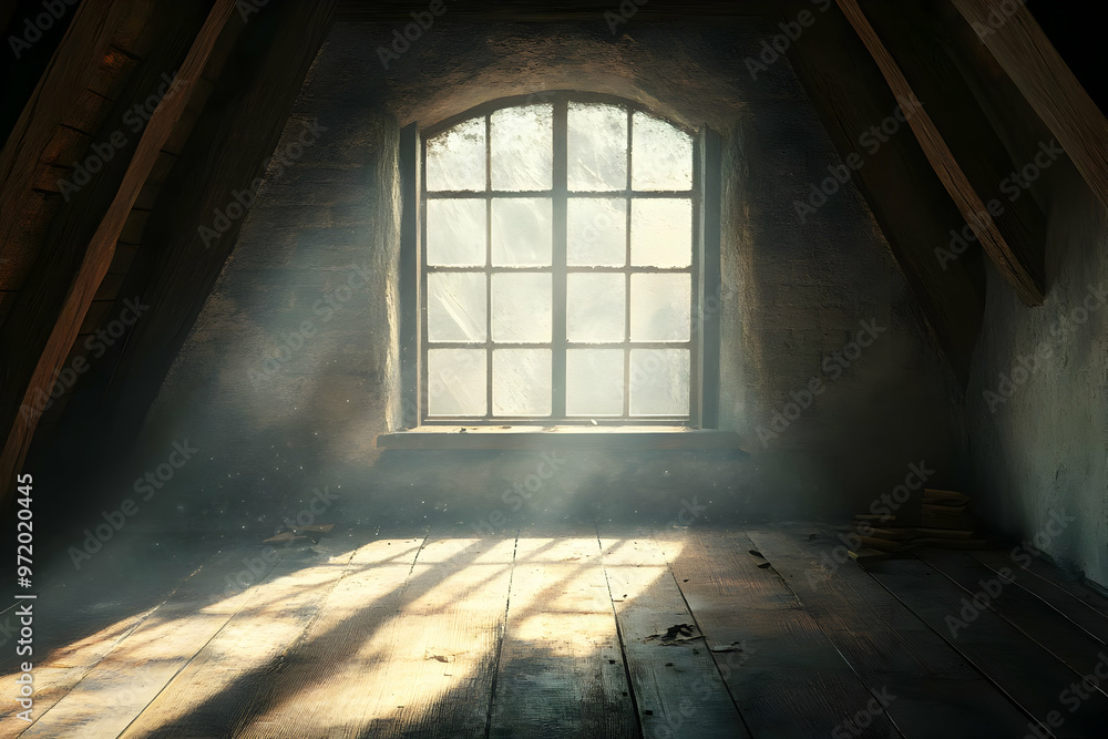 Dusty Attic Room with Sunlight Through Window Dusty Attic Room with Sunlight Through Window