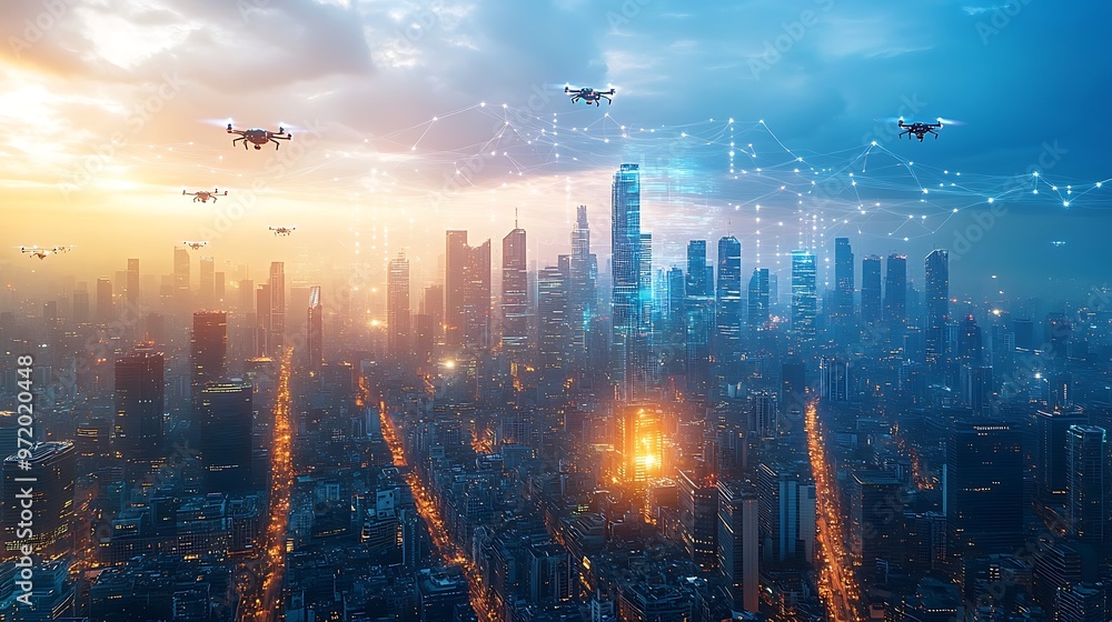 Fototapeta premium A tech-driven metropolis buzzing with floating drones, glowing holograms, and visible digital networks connecting the city.