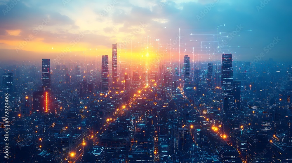 Fototapeta premium A top-down view of a futuristic metropolis at sunset, with visible data streams and communication lines connecting smart towers and transportation hubs. The city glows with neon colors,
