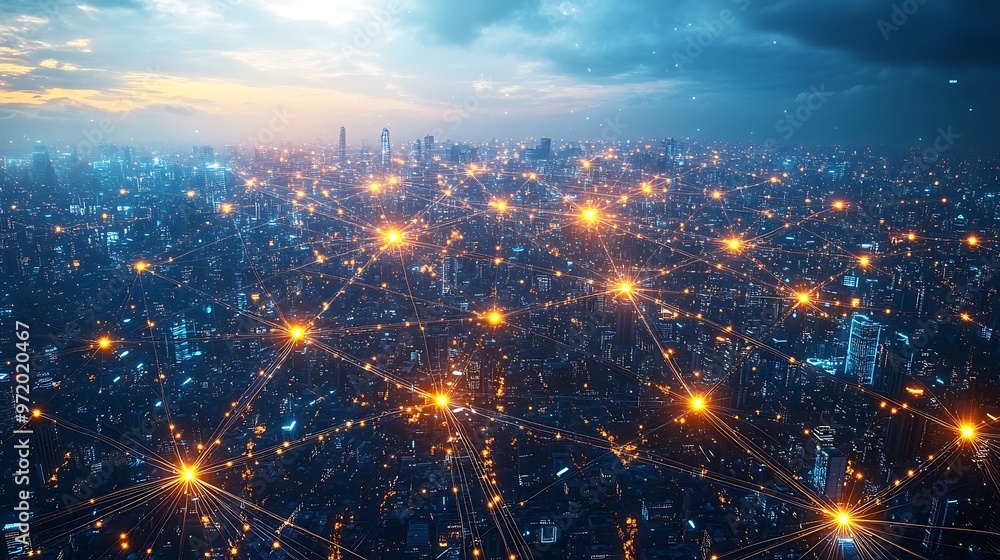 Obraz premium A top-down view of a global communication network, with illuminated fiber optic cables connecting a dense futuristic city to cities and regions across the globe.