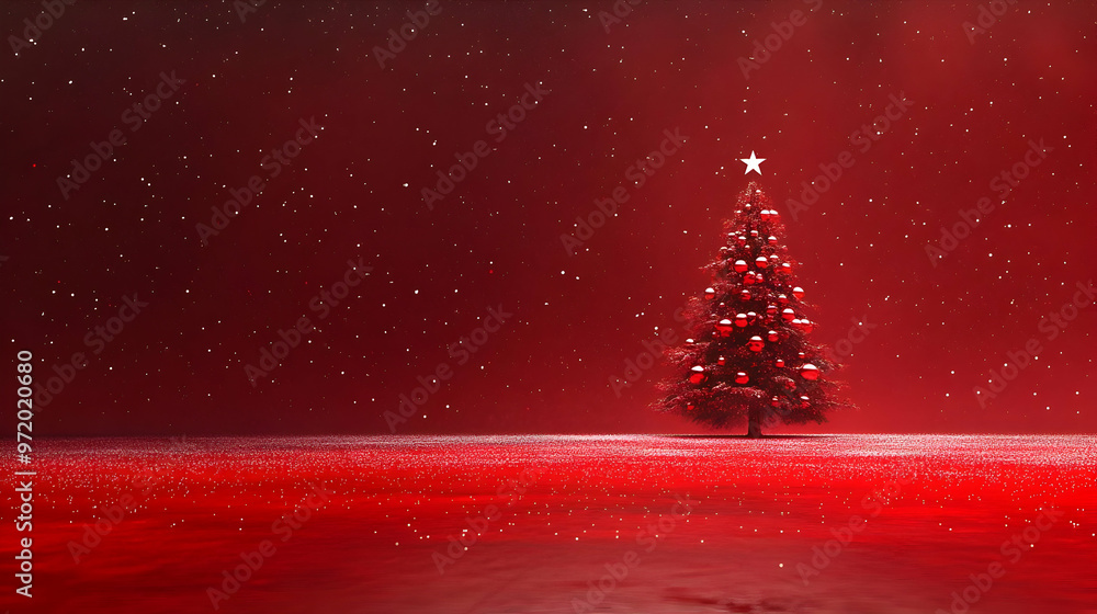 Red Christmas Tree with Snow on Red Background Red Christmas Tree with Snow on Red Background