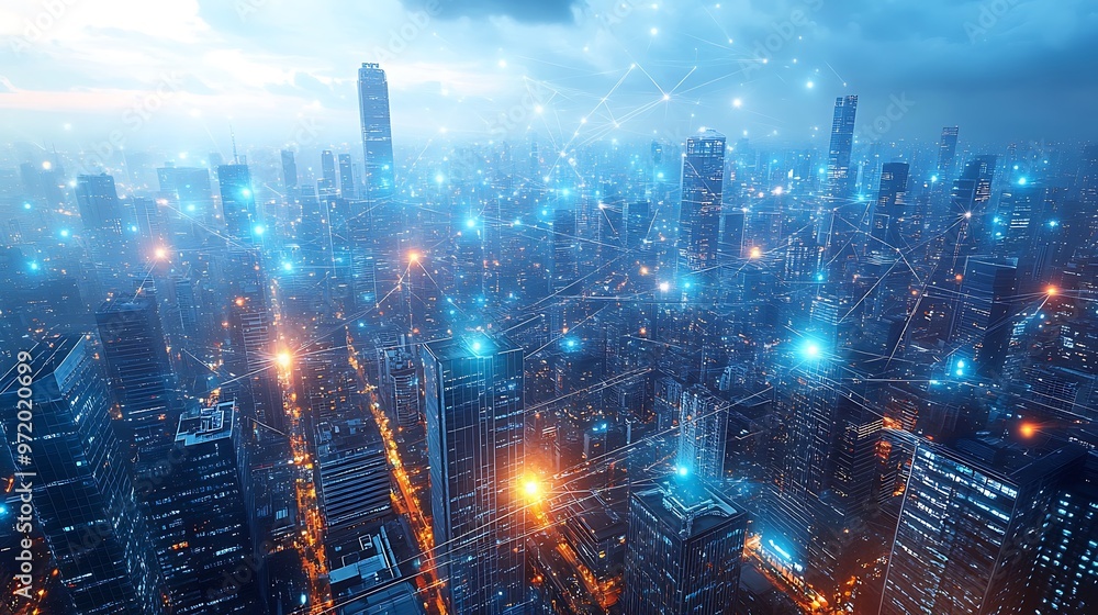 A top-down view of a hyper-connected urban city, where illuminated communication lines crisscross between skyscrapers and open plazas, creating a vibrant web of digital energy. A top-down view of a hyper-connected urban city, where illuminated communication lines crisscross between skyscrapers and open plazas, creating a vibrant web of digital energy.