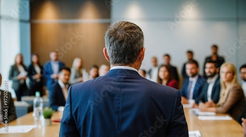 Confident businessman giving a presentation in front of crowd in meeting conference seminar room. Leadership authority teamwork in business concept