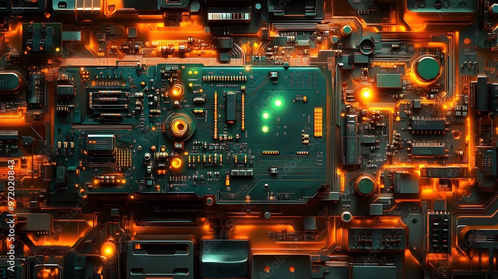 Cross-section of a beryllium copper board in a medical device, showcasing detailed circuitry with green and orange holographic effects, sci-fi theme, high-resolution, digital art Cross-section of a beryllium copper board in a medical device, showcasing detailed circuitry with green and orange holographic effects, sci-fi theme, high-resolution, digital art