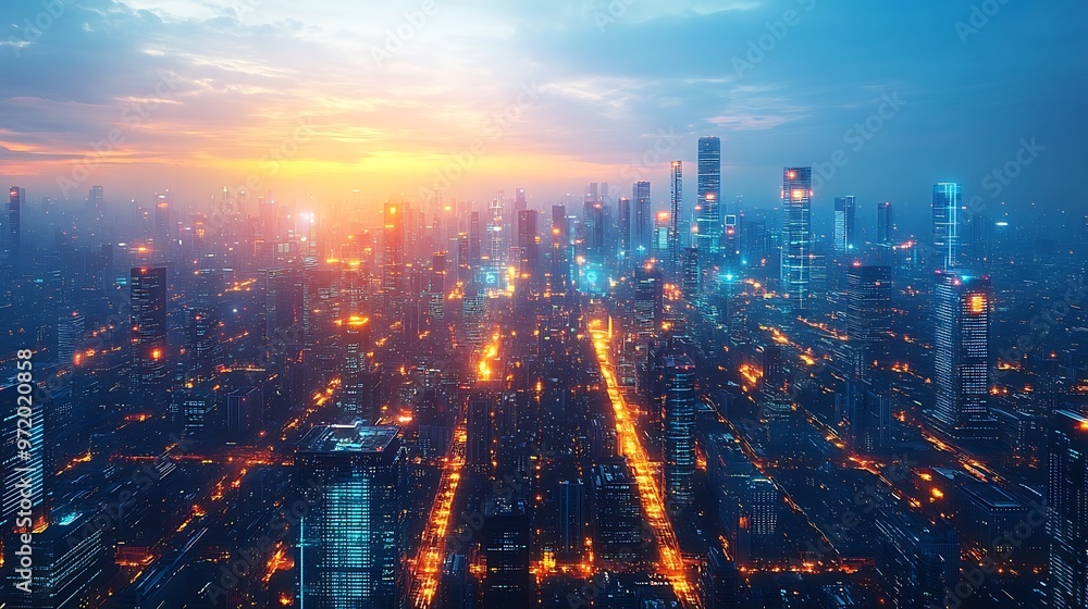 A top-down view of a tech-driven metropolis at dusk, where communication hubs pulse with neon light as data flows through the urban network. The city glows with vibrant colors, A top-down view of a tech-driven metropolis at dusk, where communication hubs pulse with neon light as data flows through the urban network. The city glows with vibrant colors,