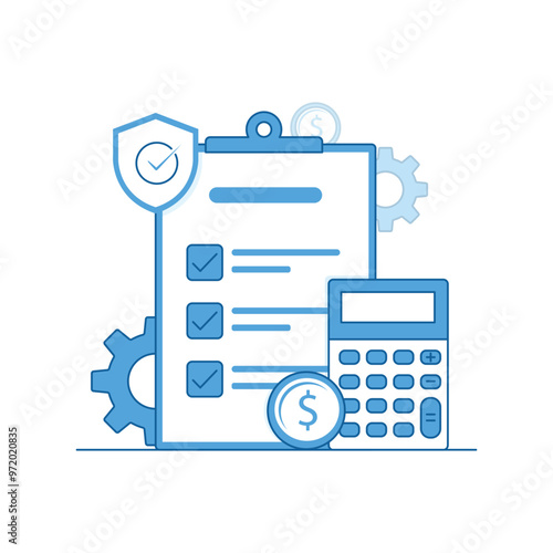 Vector icon for retirement plan and savings strategy. Includes a checklist, calculator, and coins representing retirement fund planning, budgeting, and financial security.