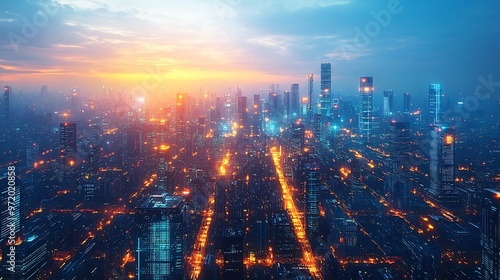 A top-down view of a tech-driven metropolis at dusk, where communication hubs pulse with neon light as data flows through the urban network. The city glows with vibrant colors,