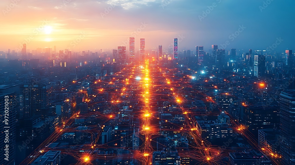 Fototapeta premium A top-down view of an AI-powered city glowing with intricate data circuits connecting smart infrastructure and streets. The vibrant network of digital energy flows seamlessly across the city,