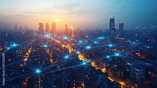 Wallpaper Mural A vibrant aerial view of a futuristic smart city, with glowing digital networks connecting buildings, streets, and transportation hubs. Torontodigital.ca