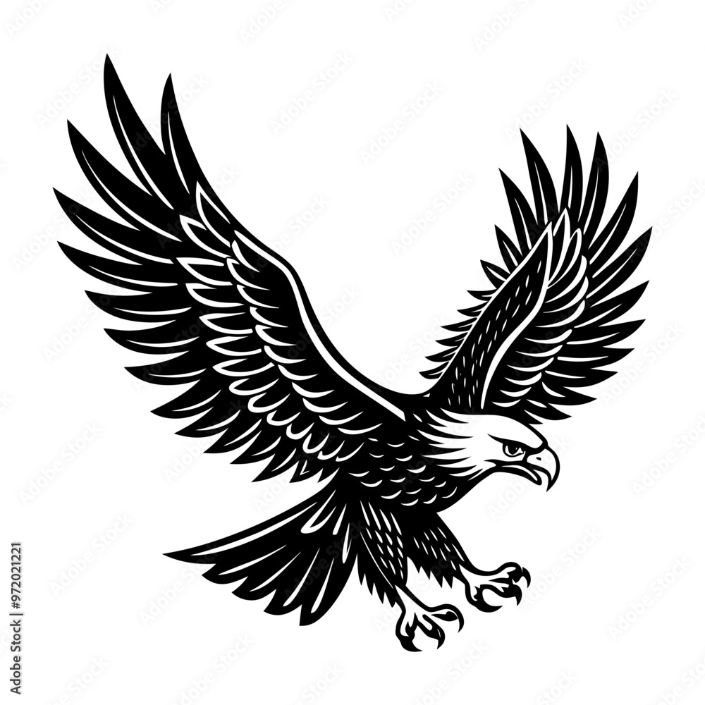 Fototapeta premium Hand draw flying eagle black silhouette vector illustration