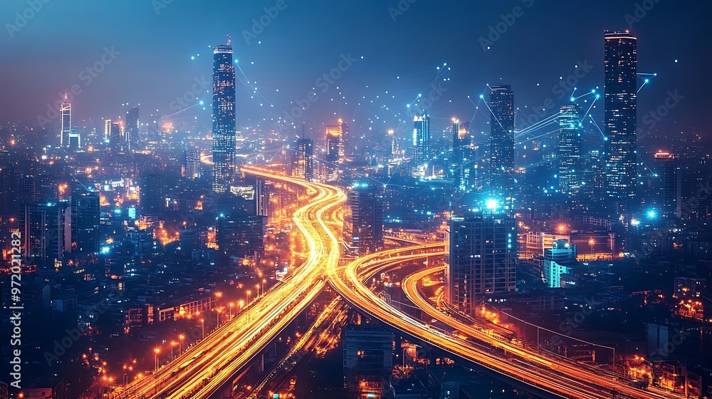 A vibrant city at night with illuminated communication networks visibly linking elevated highways, high-speed trains, and towering skyscrapers. The glowing data lines pulse across the skyline, A vibrant city at night with illuminated communication networks visibly linking elevated highways, high-speed trains, and towering skyscrapers. The glowing data lines pulse across the skyline,
