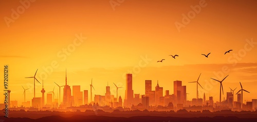 A Stunning City Skyline Enveloped in a Warm Sunset with Wind Turbines Highlighting Sustainability. Sustainability Concept