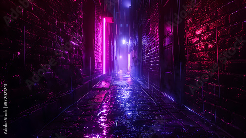 Neon lights of dystopian cyberpunk future, night time shot of dense city alley ways photo