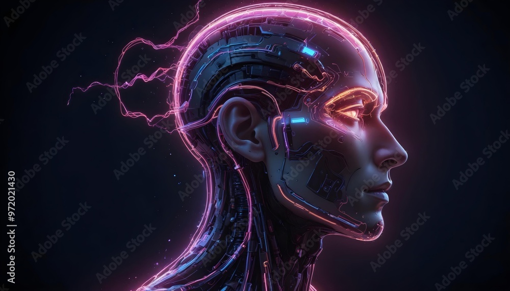 A neon glowing futuristic cyborg head with visible circuitry and wires, against a dark background A neon glowing futuristic cyborg head with visible circuitry and wires, against a dark background