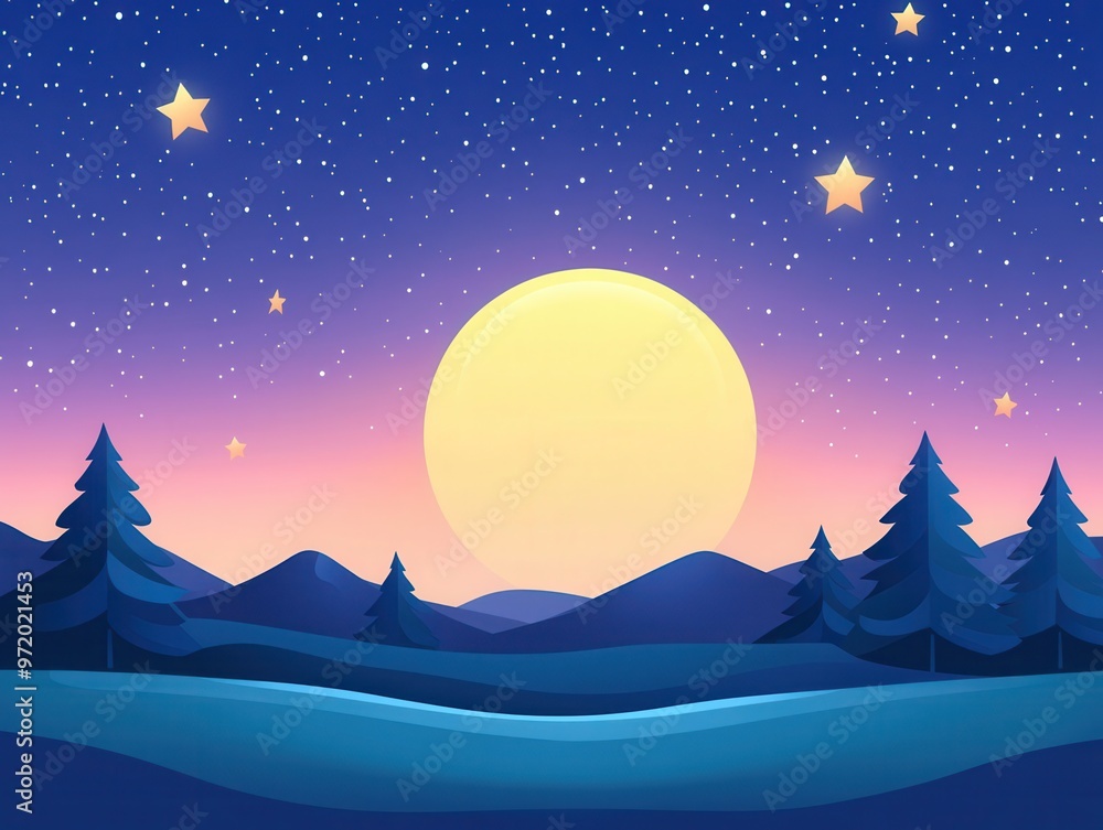 Obraz premium A serene night scene with a glowing moon, twinkling stars, and silhouette trees against a gradient sky.