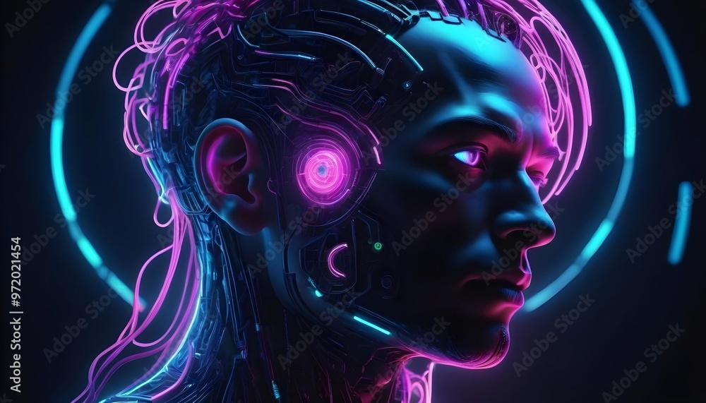 A neon glowing futuristic cyborg head with visible circuitry and wires, against a dark background A neon glowing futuristic cyborg head with visible circuitry and wires, against a dark background