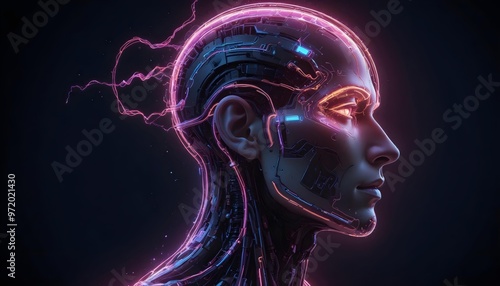 A neon glowing futuristic cyborg head with visible circuitry and wires, against a dark background