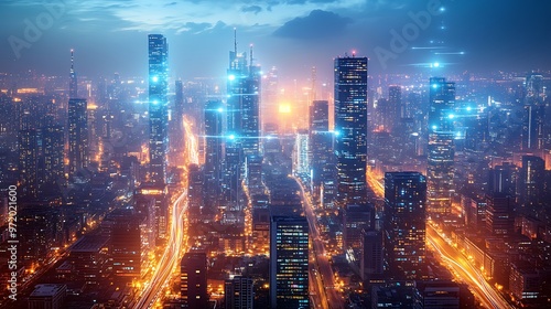 Aerial view of a cyberpunk city glowing with neon lights, data streams forming bright pathways between sleek skyscrapers and smart infrastructure.