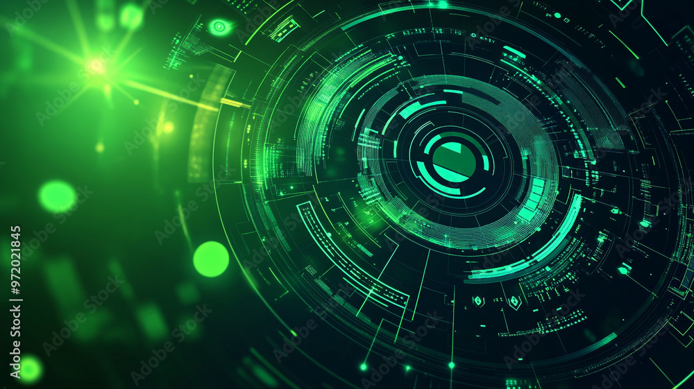 Fototapeta premium Futuristic digital interface design with glowing green lights and circular patterns in technology
