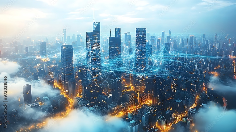 Obraz premium Aerial view of a futuristic city floating on clouds, with illuminated threads of data and communication networks connecting high-rise buildings.